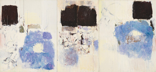 Triptych abstract painting with a pale background, three dark squares above soft blue circular shapes.