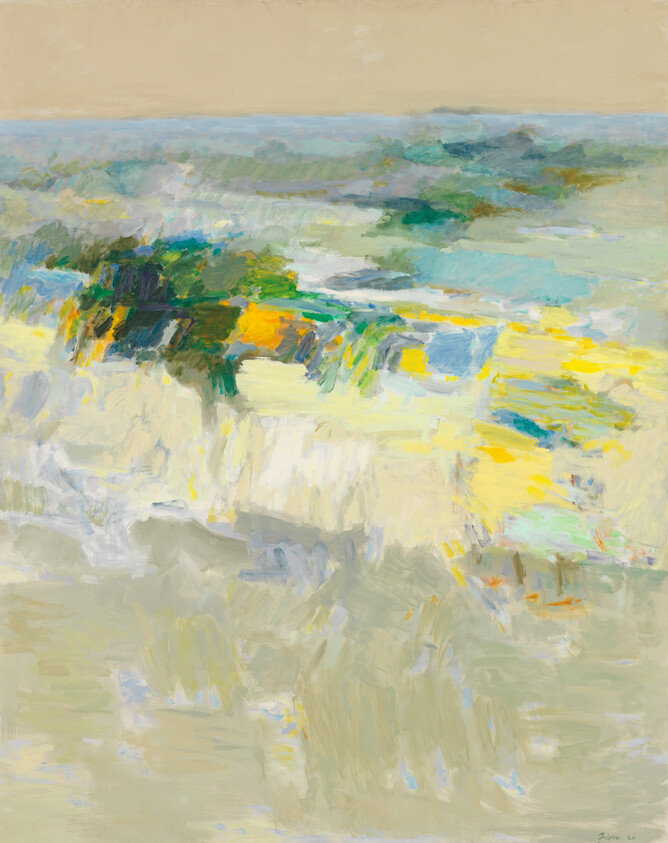 Soft abstract landscape with cliffs and bright yellow and green brushstrokes suggesting shoreline.