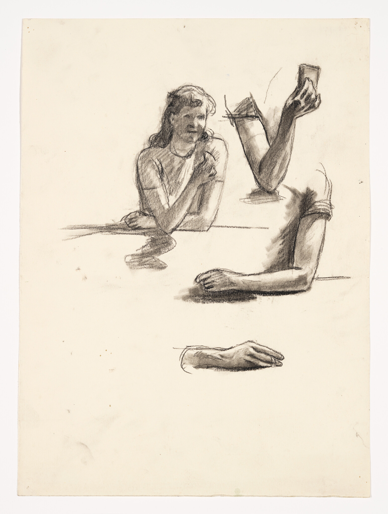 A sketch on paper featuring a study of human figures and body parts. The main focus is a person reclining on their side, propped up on one elbow with their head resting on their hand, gazing thoughtfully. To the right, there are two legs crossed at the ankles, elevated as if resting on an unseen support. Below, a solitary hand is drawn with fingers slightly curled. The artwork has a rough, unfinished quality, capturing the essence of the subjects with dynamic lines and shading.