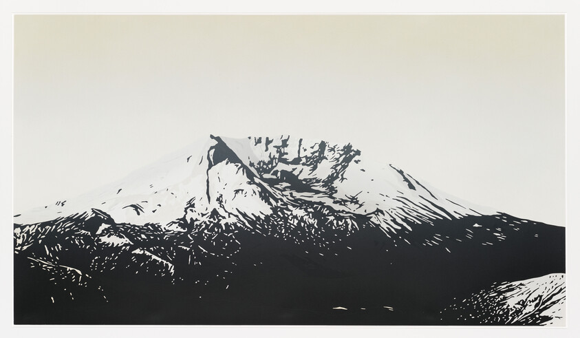 A high-contrast black and white illustration of a snow-capped mountain with rugged slopes.