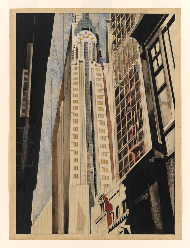 A towering art-deco skyscraper rises between narrow city buildings, seen from a low street perspective.