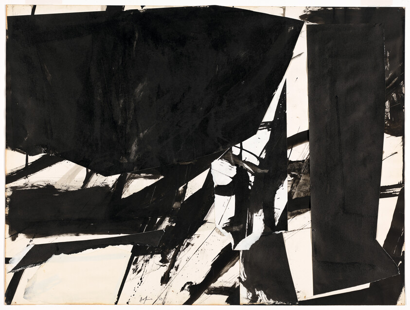 Large abstract black brushstrokes and geometric shapes cover a white background in bold contrast.