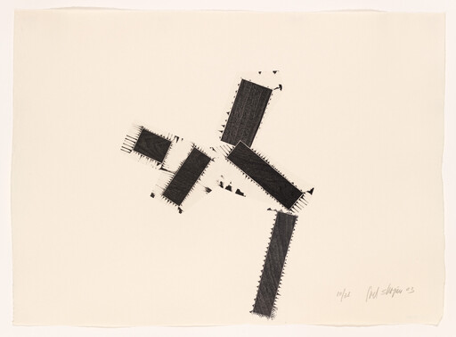 Black rectangular strips with jagged edges form an abstract cross-like arrangement on cream paper.