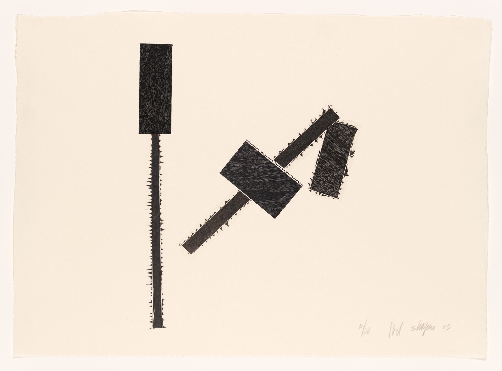 Black rectangular shapes with saw-toothed edges arranged on a cream background, one vertical and others tilted.