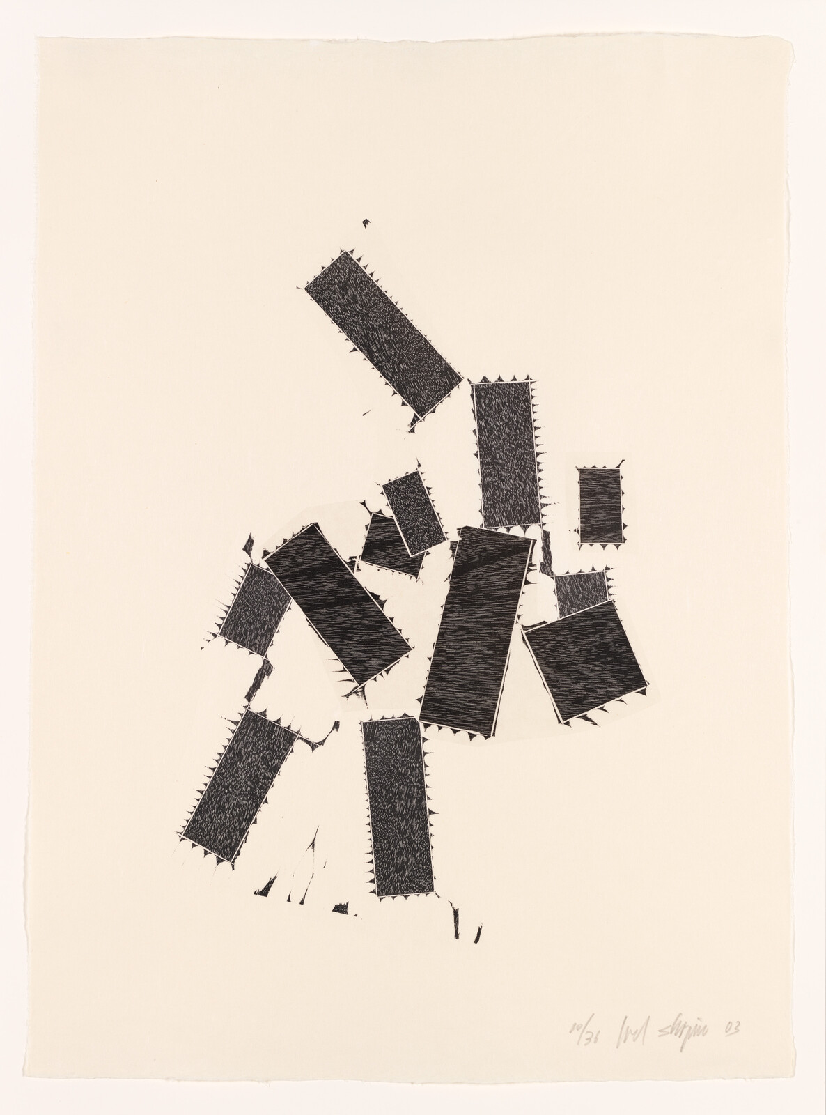 Abstract arrangement of black rectangular patches with jagged edges scattered on a cream background.