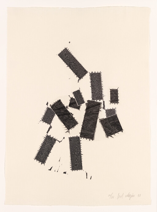 Abstract arrangement of black rectangular patches with jagged edges scattered on a cream background.