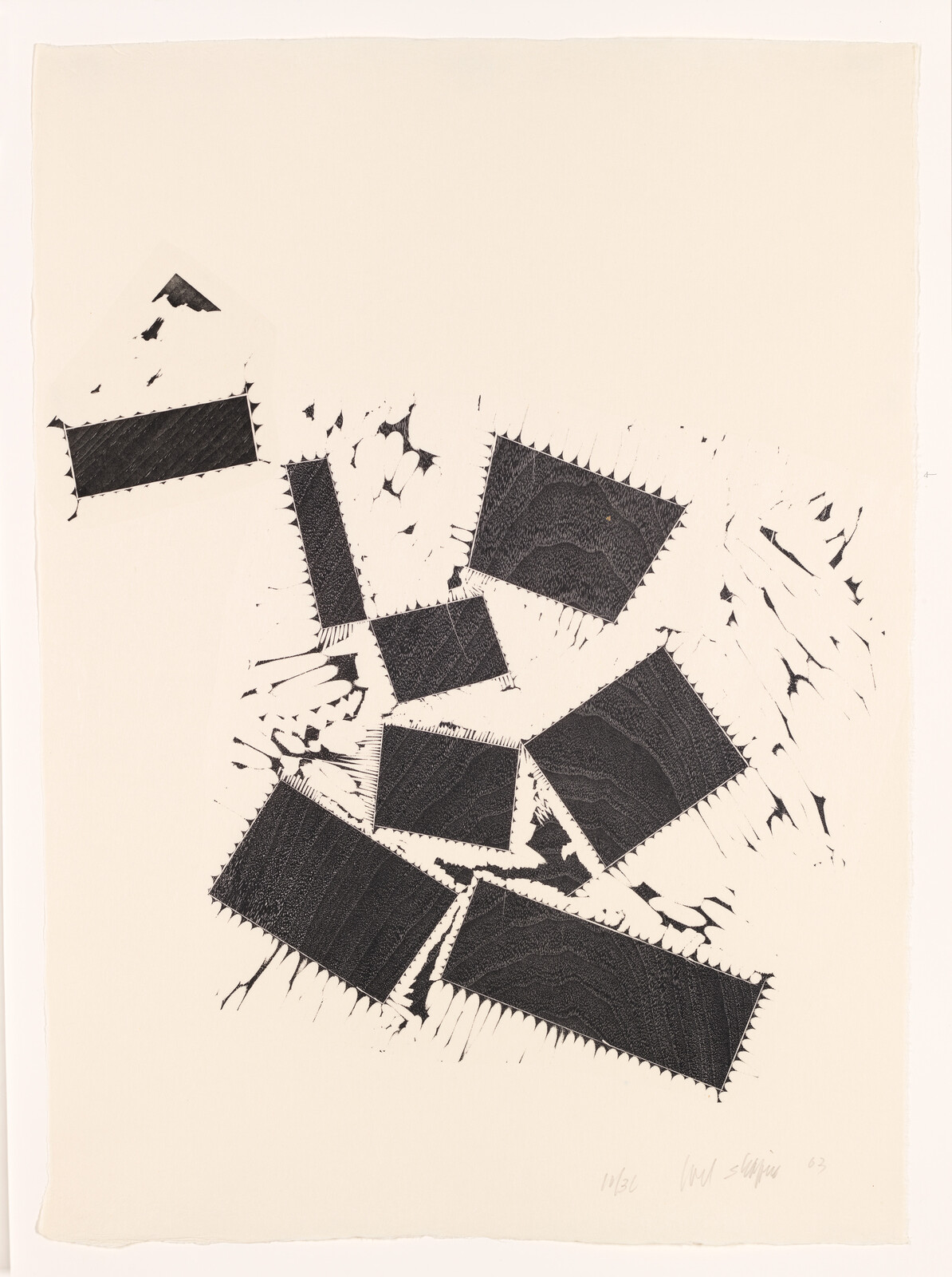 Several black rectangular shapes with jagged edges arranged diagonally on a cream background.