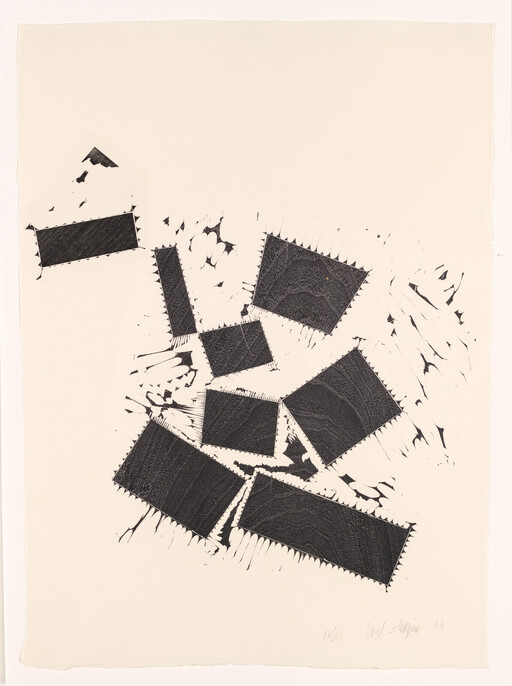 Several black rectangular shapes with jagged edges arranged diagonally on a cream background.