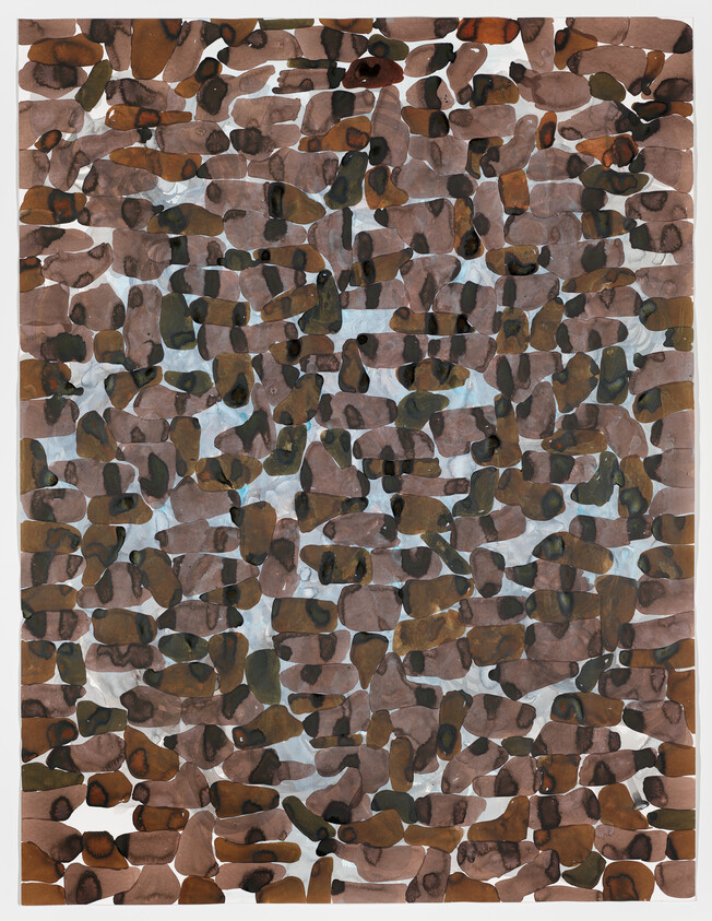 Dense grid of overlapping brown and olive pebble-like shapes with pale blue gaps throughout.