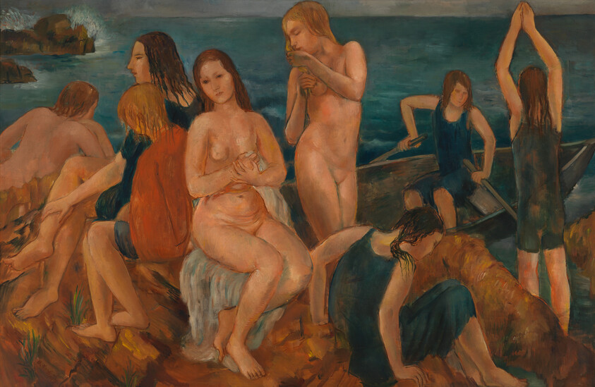 Several young women and girls gather on a rocky shore and prepare to bathe, with a boat nearby.