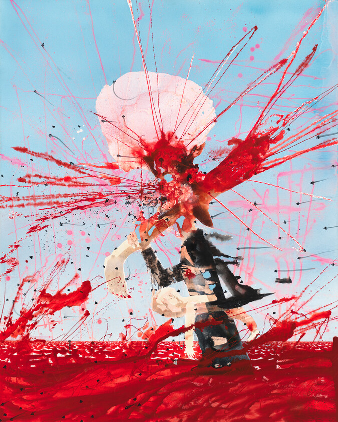 Two figures embrace while a large red explosion of paint erupts behind them over a red ground.