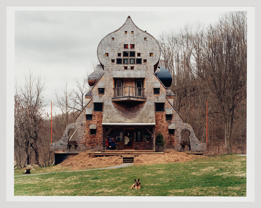 A large whimsical wooden house sits at the edge of a lawn with a dog lying in front.