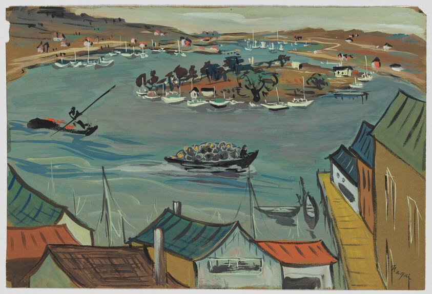 A small cargo boat laden with baskets moves through a harbor past docks and houses.