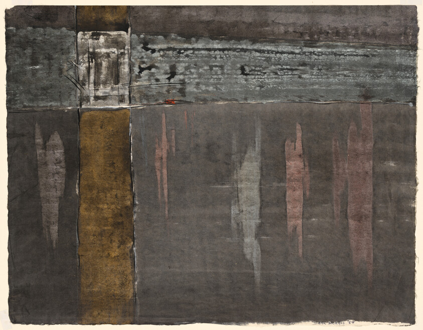 Abstract painting with a wide ochre vertical stripe and muted gray panels showing vertical drips.