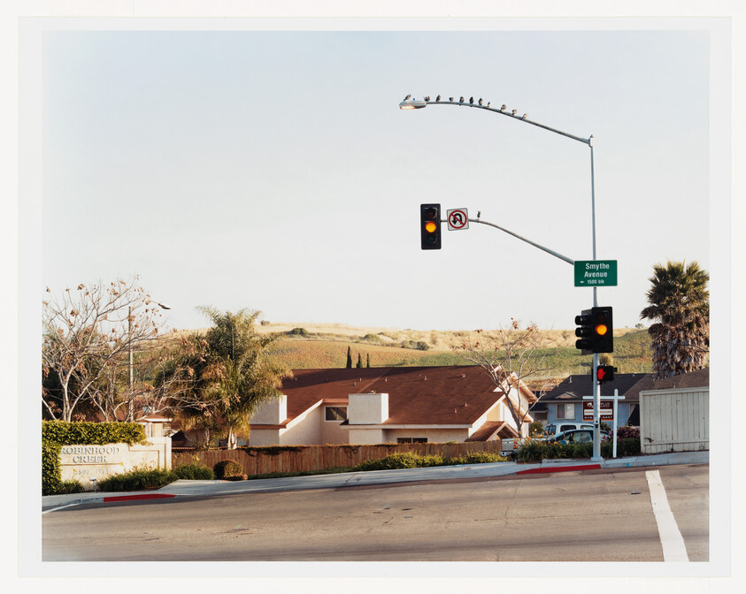 A suburban intersection with traffic lights showing yellow and a Smythe Avenue sign, birds on lamp.
