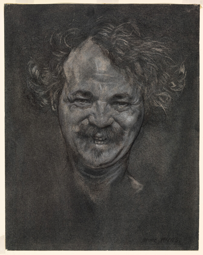 Middle-aged man with messy hair and a toothy grin in a dark charcoal portrait.