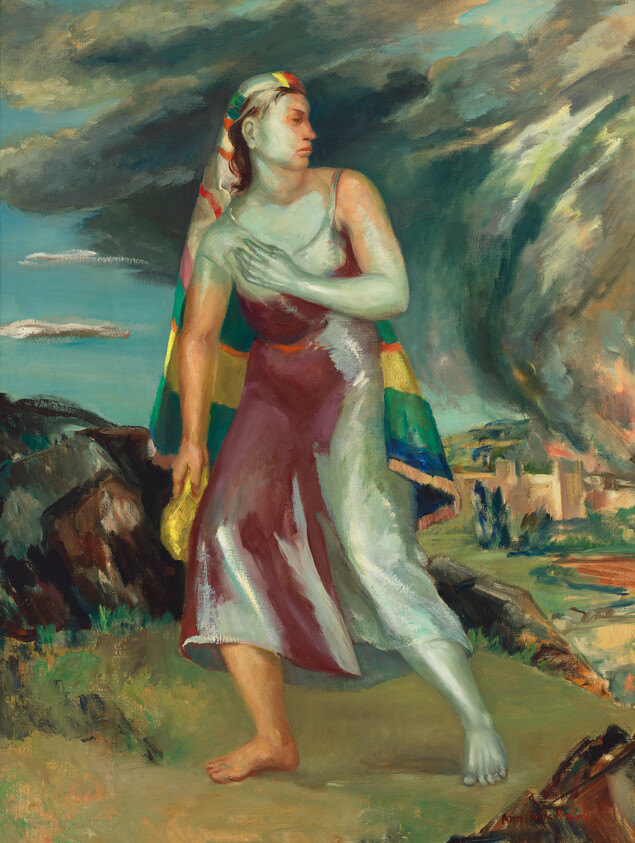 A painting depicting a strong, statuesque woman in classical attire, with a headband and a draped, colorful shawl. She stands against a dramatic sky with dark, swirling clouds, and a landscape with buildings in the distance. Her pose suggests movement and determination, with one arm across her body and her gaze directed off-canvas.
