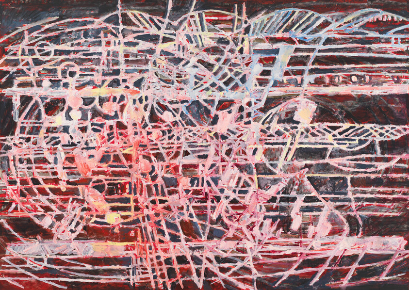 Chaotic network of pale pink and white lines crosses a dark red textured background.