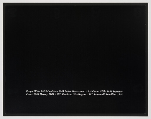Black panel with small white text listing LGBTQ events and figures and their years at the bottom.