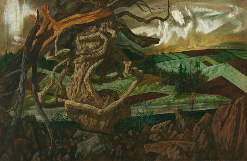 A twisted, gnarled tree stump stands in the foreground while a lone figure walks along a road.