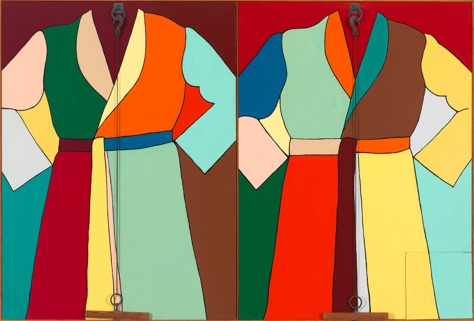 Two brightly colored stylized robes with contrasting belts hang side by side on a red background.