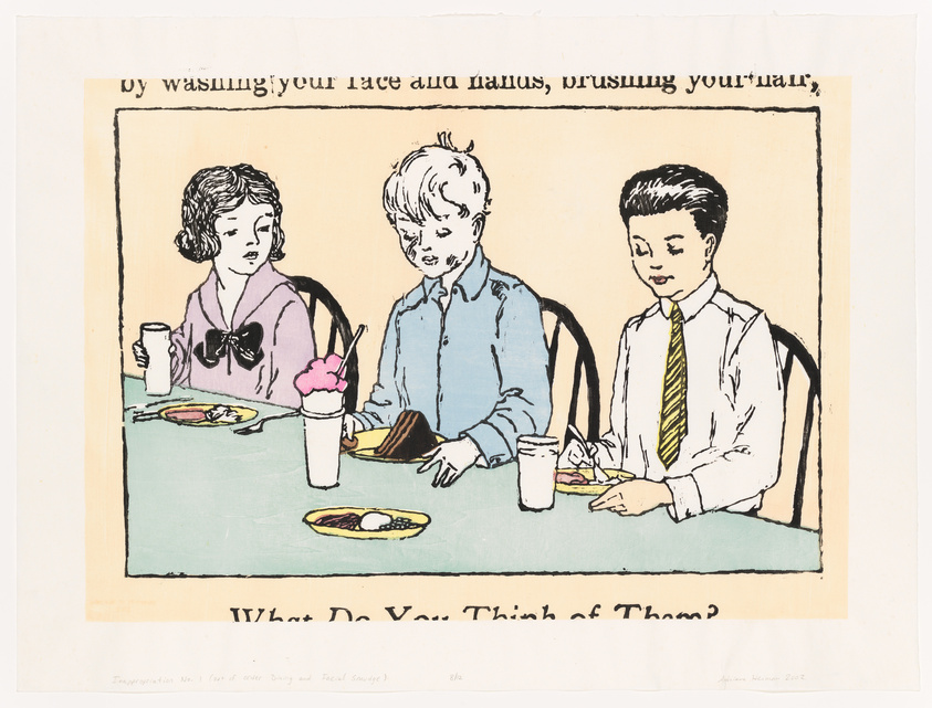 Illustration of three children sitting at a table with food and drinks, rendered in a simple, hand-colored style. The leftmost child is a girl with a bow in her hair, holding a milkshake, next to a boy in the center with tousled hair and a piece of cake, and another boy on the right with neat hair and a tie, writing something. Above them is a partial text that seems to be cut off, and below is the caption "What Do You Think of Them?" with additional text indicating the piece's title and artist's signature with the year 2002.