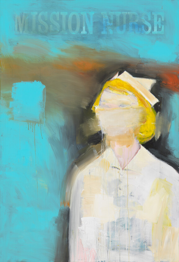 A masked mission nurse in white uniform stands against a blue background with faded text.