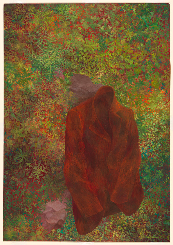 A red coat with an empty hood floating above dense green foliage.