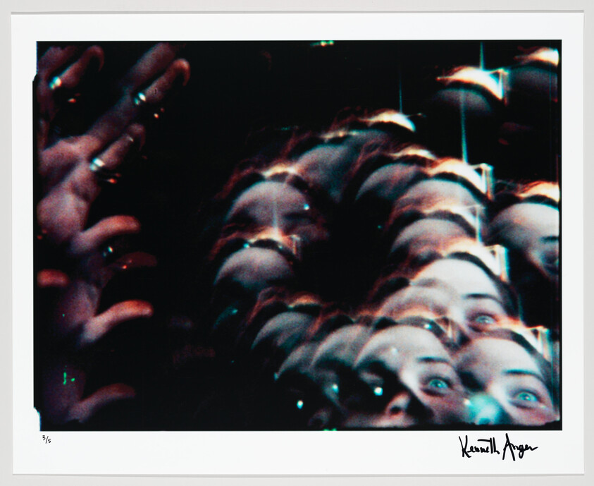 Multiple overlapping faces and hands create a swirling, kaleidoscopic effect against a dark background.