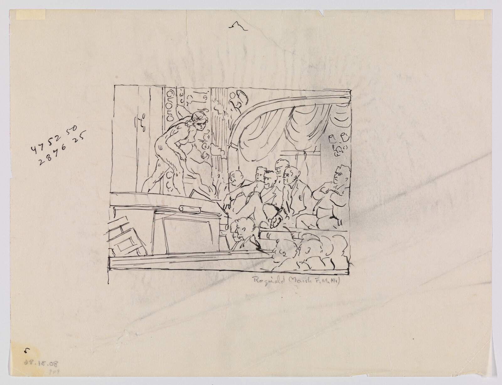 A stage performer climbs onto a set while a seated audience watches from the orchestra.