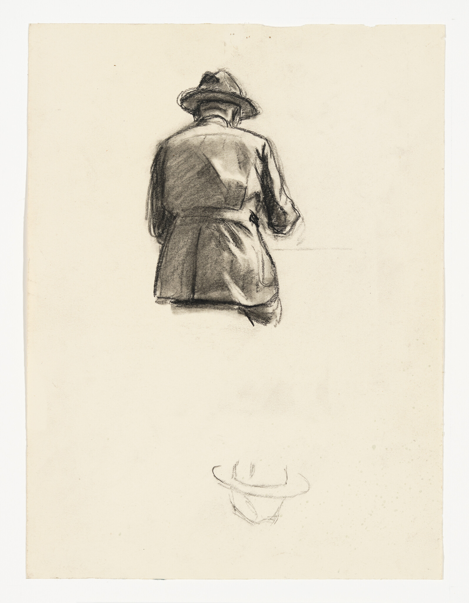 A charcoal sketch of a man seen from behind wearing a hat and long coat.