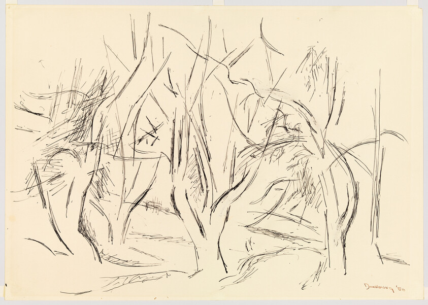 Sketch of several leafless trees with loose, scribbled ink lines across a pale background.