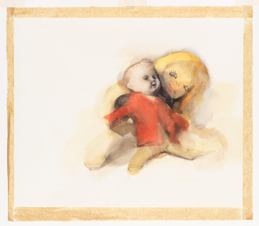 A small baby doll in a red shirt sits hugged by a larger blonde doll.