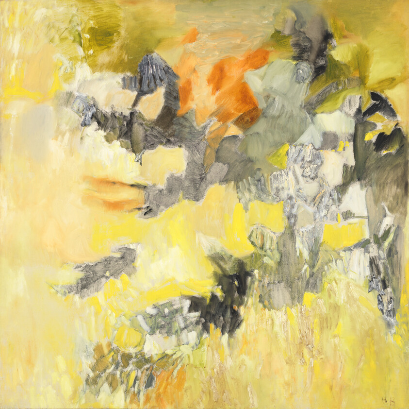 Abstract painting with sweeping yellow, gray, and orange brushstrokes suggesting landscape shapes.