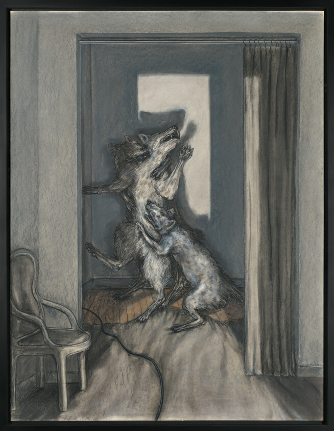 Two wolves rearing and grappling in a dim doorway while a cable trails across the floor.