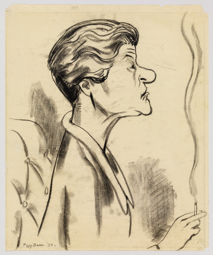 Elderly woman in profile sits with a cigarette, smoke rising beside her.