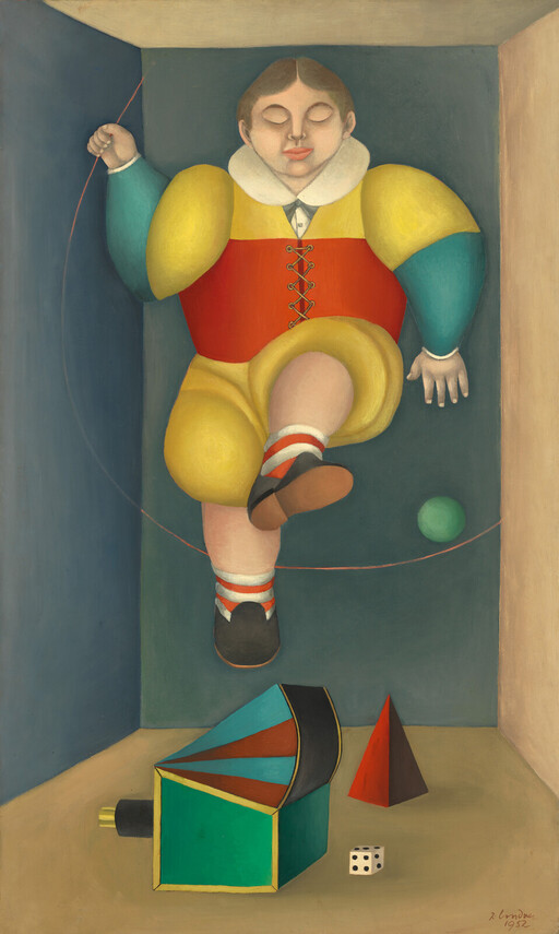 A chubby child in colorful costume jumps rope inside a narrow box above scattered toys.