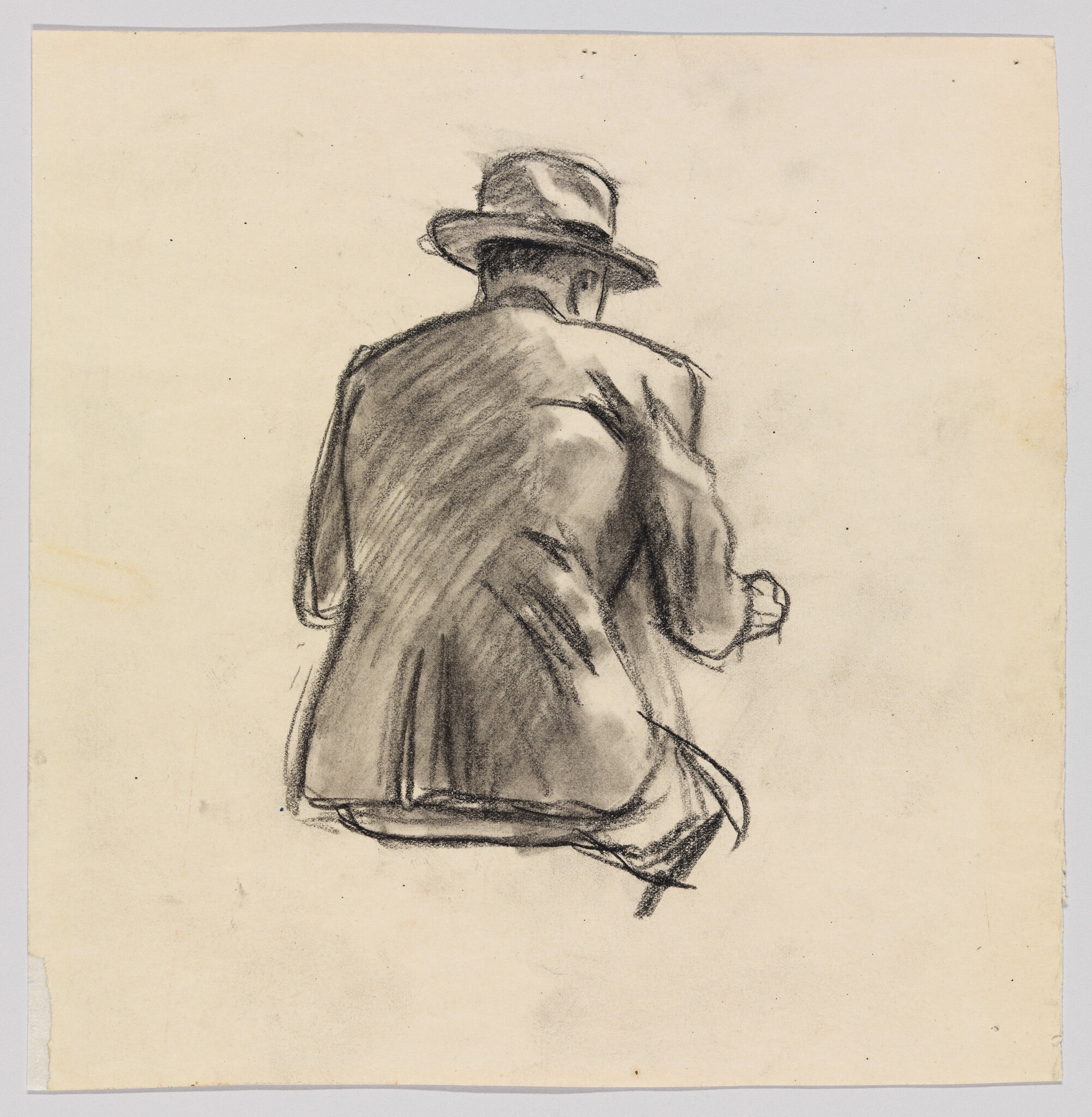 A charcoal sketch of a man seen from behind wearing a hat and jacket while seated.
