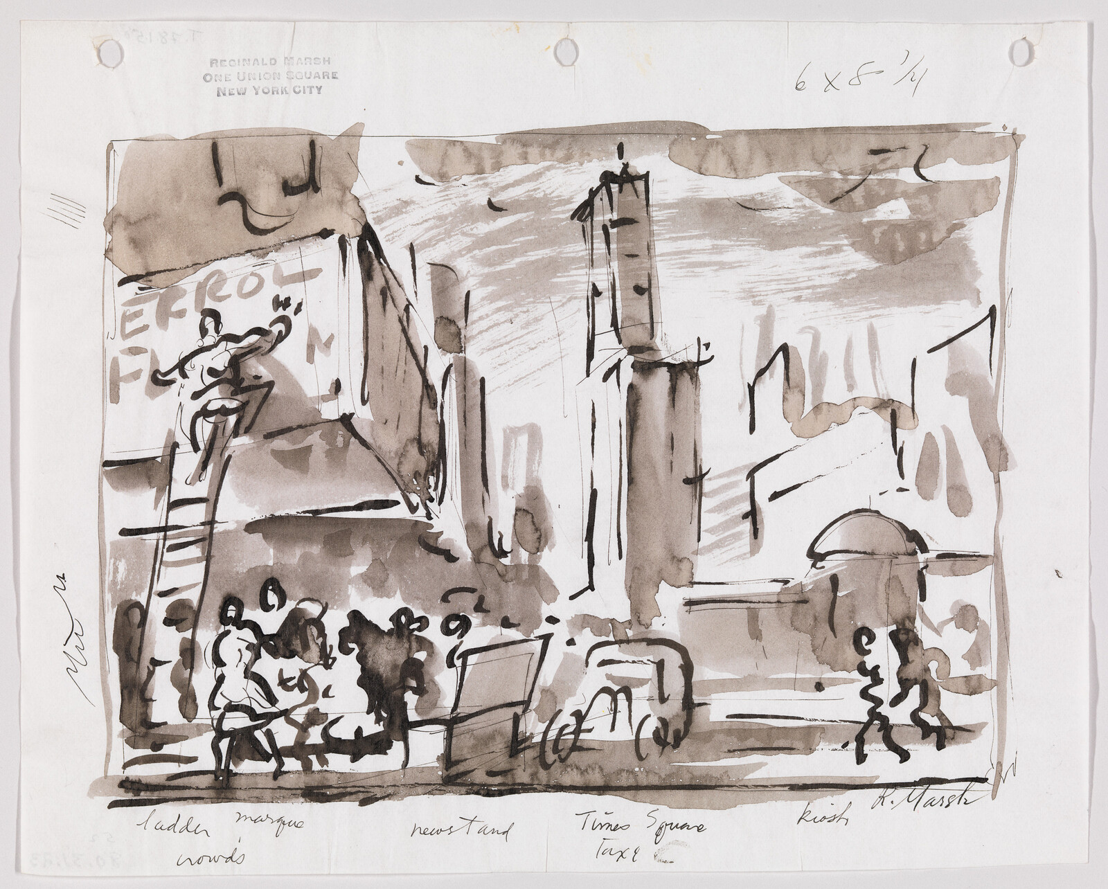 Ink sketch showing a busy city street with crowds, a newsstand, a car, and tall buildings.