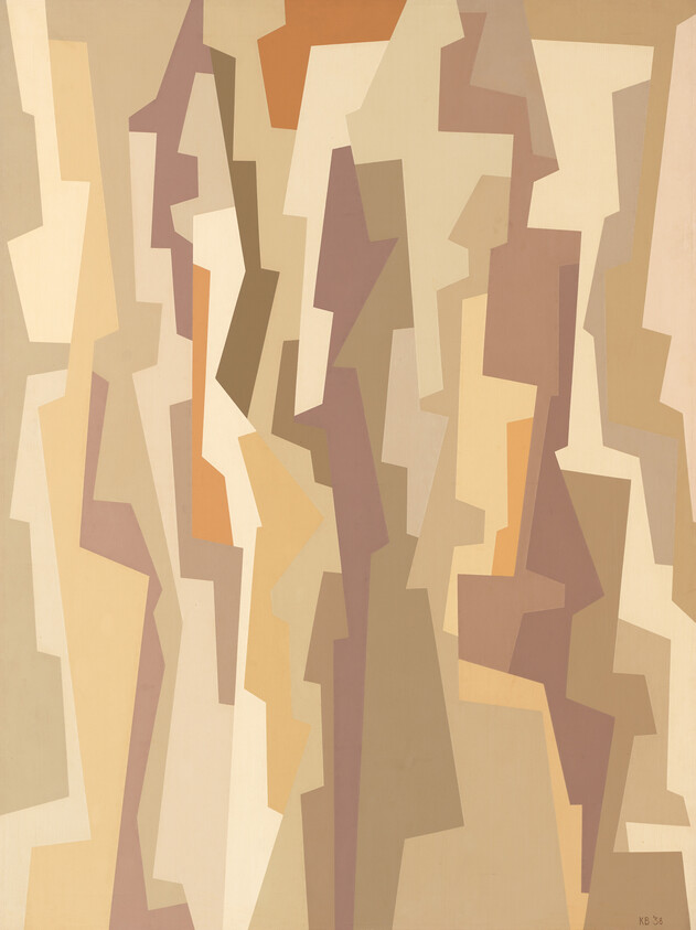 Tall vertical abstract geometric shapes in warm neutral tones creating layered silhouettes.