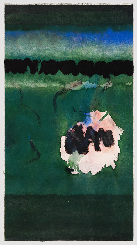 Abstract green painting with a dark horizontal band and a pale shape marked by black strokes.
