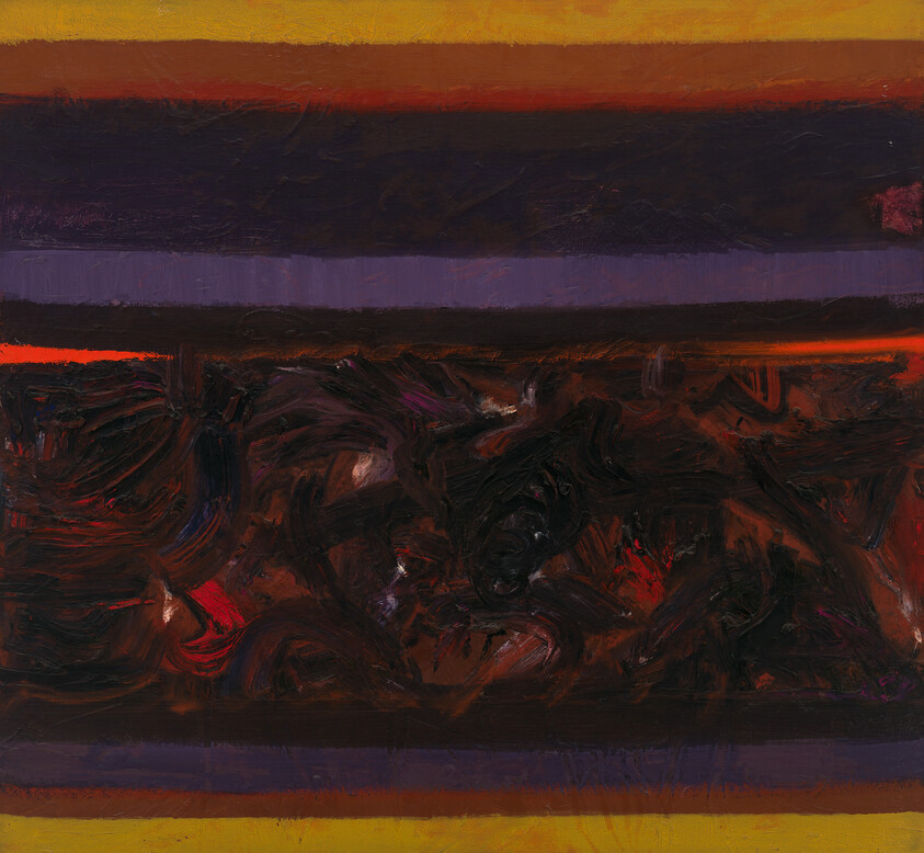 Abstract painting with dark textured center band framed by horizontal stripes of yellow, purple, and red.