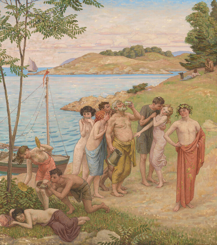 A coastal gathering where a bearded man drinks from a cup while others play, embrace, and rest.