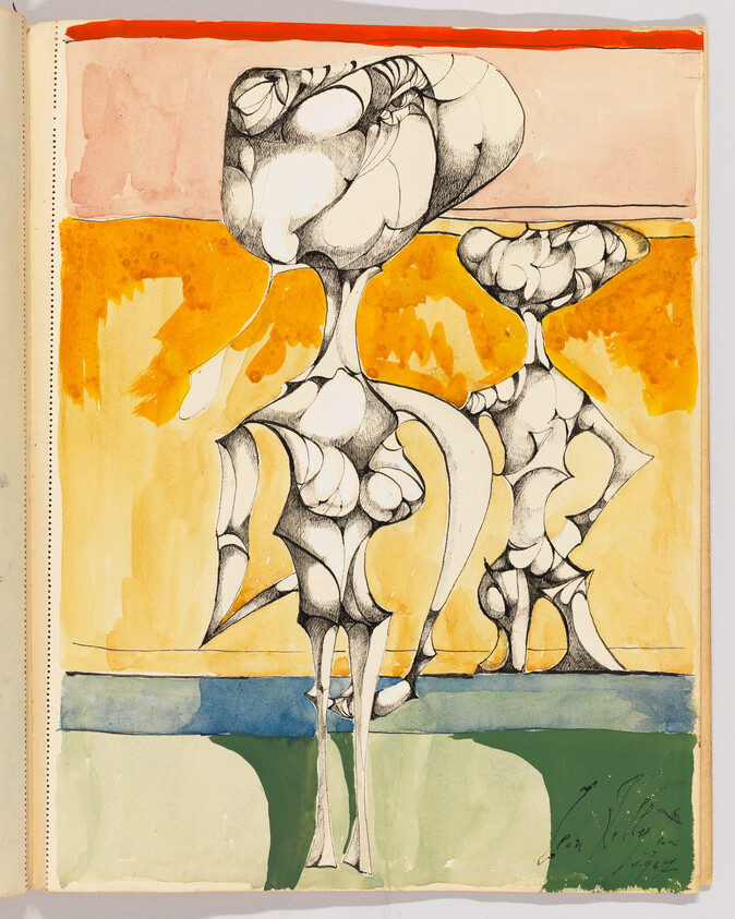 Two abstract, elongated figures with rounded, bulbous forms standing against an orange and green background.