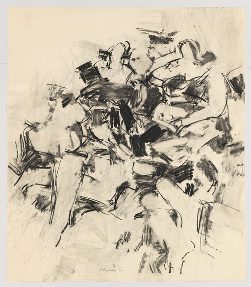 Abstract charcoal drawing of energetic black strokes and shapes across cream paper.