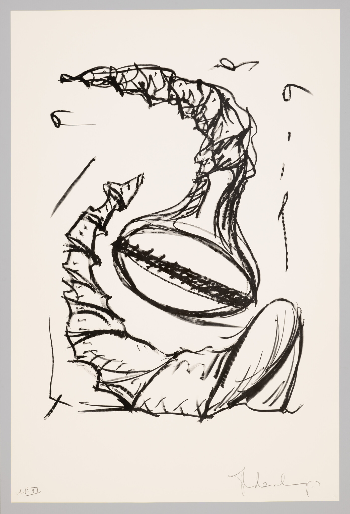 Loose black ink sketch of a large curled organic shape with a central oval and textured lines.