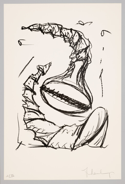 Loose black ink sketch of a large curled organic shape with a central oval and textured lines.