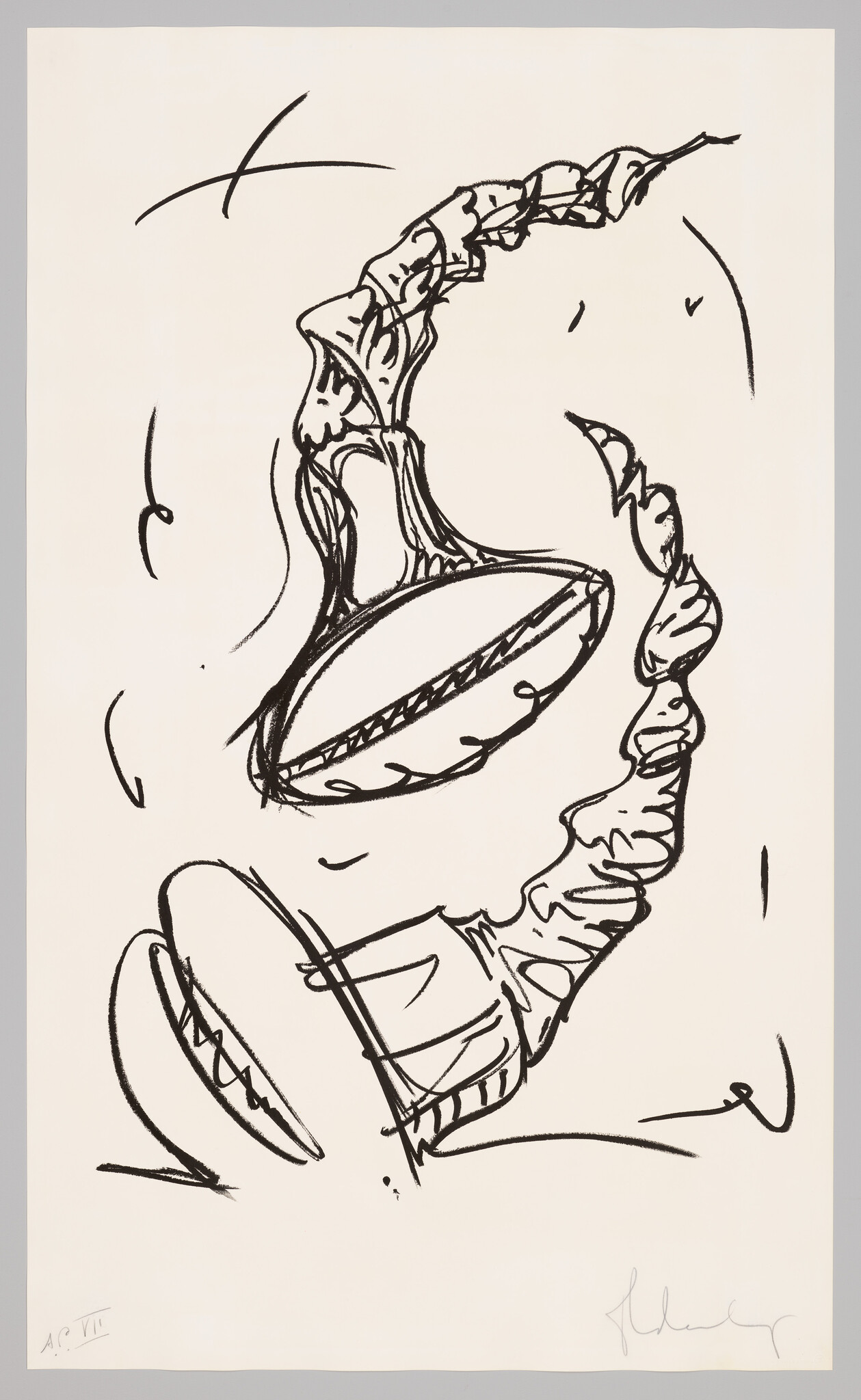 A bold black ink sketch of a crescent-shaped form with textured edges and oval elements.