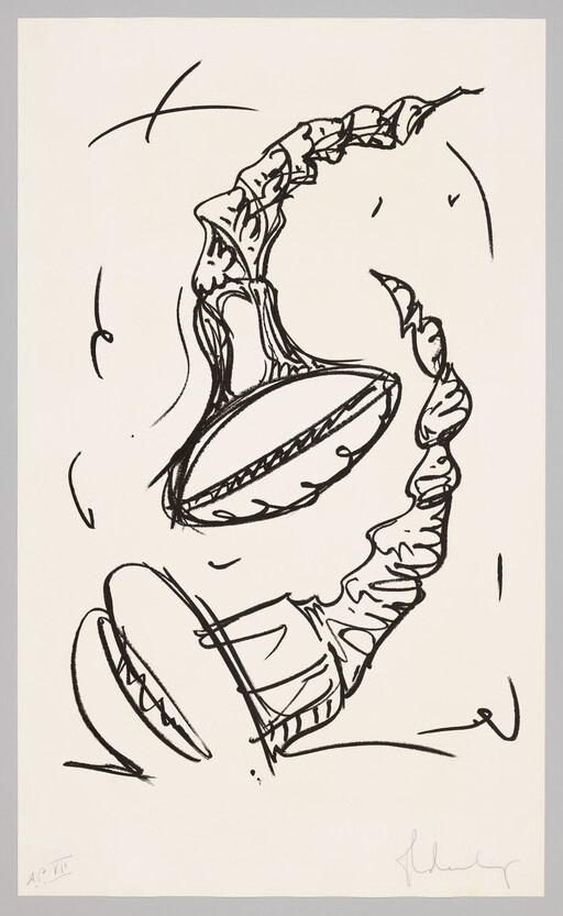 A bold black ink sketch of a crescent-shaped form with textured edges and oval elements.
