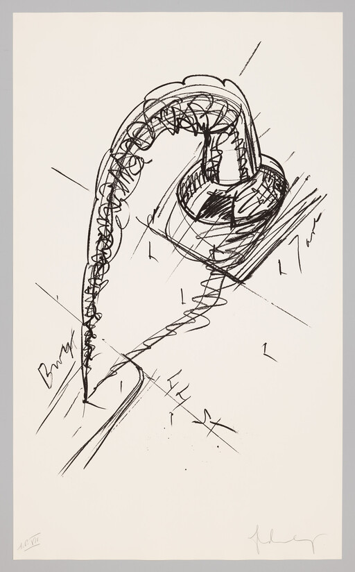 A large curved faucet spout sketch pours a twisted, scribbled stream onto a flat surface.